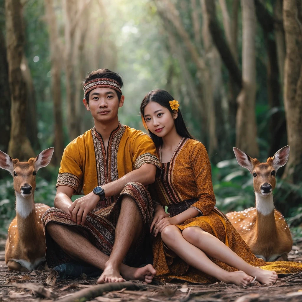 pasangan muda suku Dayak West Kalimantan usia 20 yang memakai pakaian adat suku Dayak asli dan dari bahan tenunan asli khas suku Dayak, golden yellow,  knee length short skirt, West Kalimantan, sitting side by side, in the middle of the forest, very detailed followed by 2 deer next to the woman, thin smile 8k