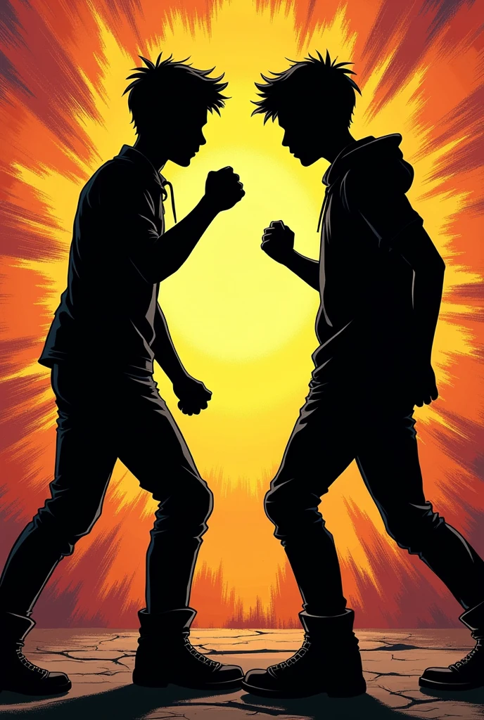 A three teenage boys standing in fight position each other going to fight intense! Background with comic style! Three teenage boys whole body with black colour we can’t see them! 