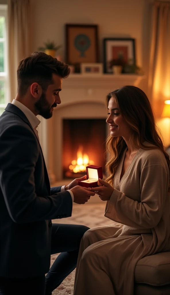 Animate 8k quality potrait pictures of boyfriend give the ring a girl to marry her at home