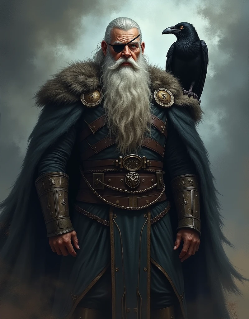 The Viking god Odin against a dark background. He wears an eyepatch. A raven sits on his shoulder. Painted in the style of Craig Davison.