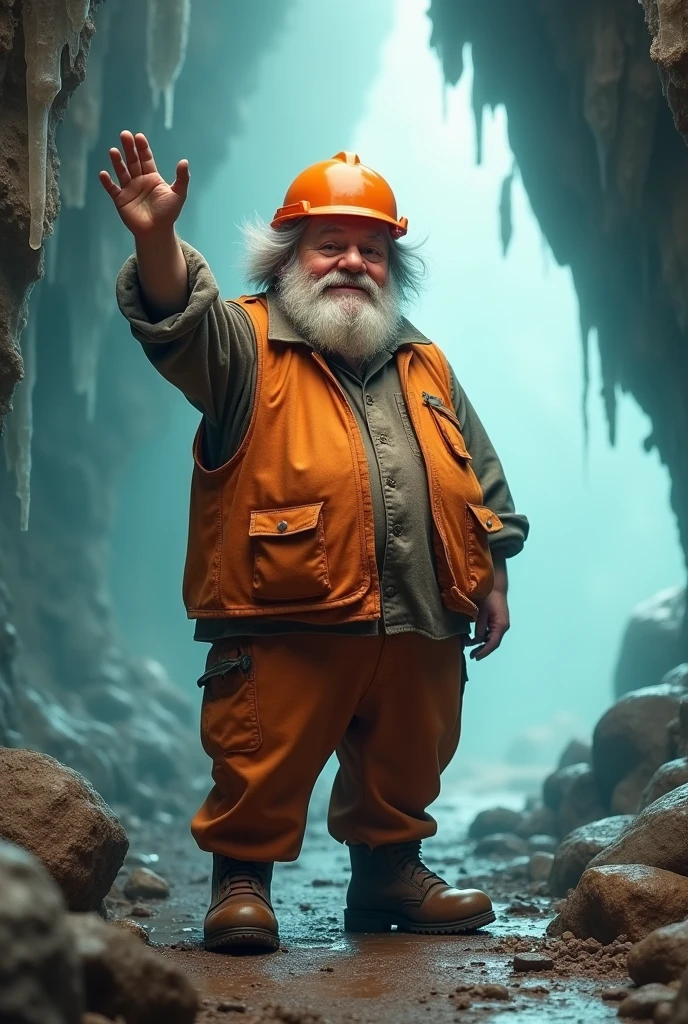 A stout old man with a French bob haircut, dressed in a tomboy outfit, orange construction vest, and hard hat, stands in a crystal cavern with soft natural lighting, one arm raised, and faces the camera.