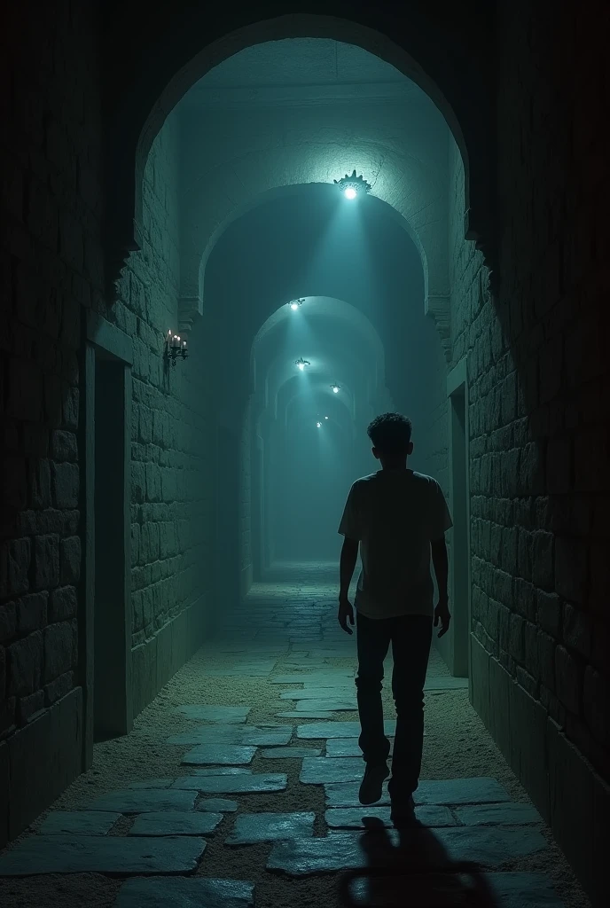 "A dimly lit corridor within the fort with shadows dancing on the walls. The young man looks around nervously, as ghostly, indistinct figures loom in the darkness."