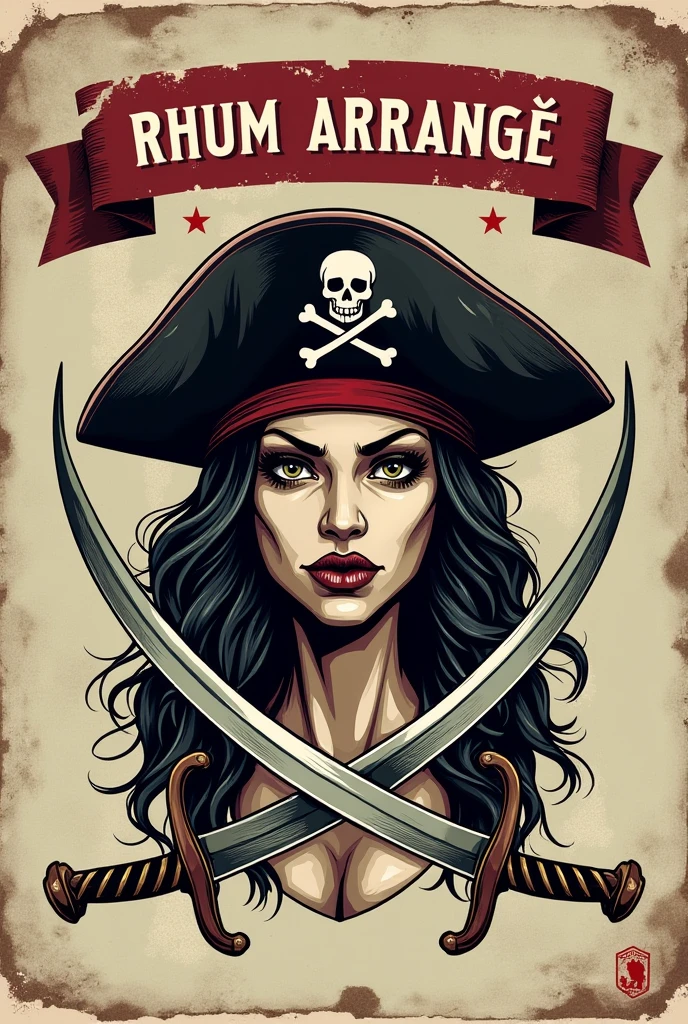 An old label with a terrify female pirate head and two sabers with a rhum arrangé banner at the top
