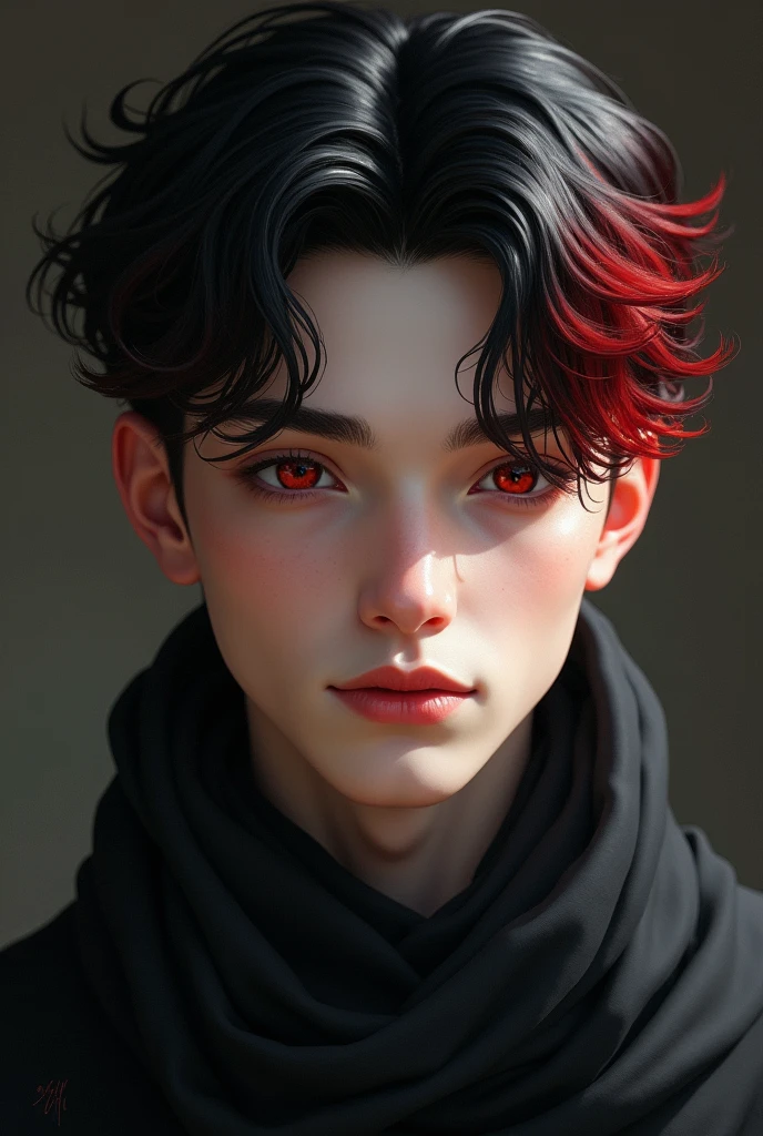 young man of Nordic origin with discreet features, with black and red hair and slightly reddish eyes