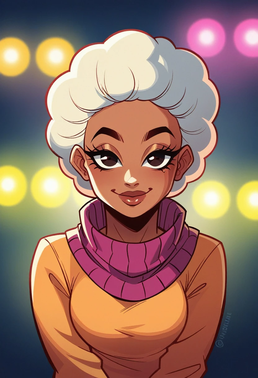 In a vibrant 4K image, a stunning Brazilian woman captures attention with her striking features. Her short, slicked-back blonde hair glistens under the city lights, complementing her sun-kissed tanned skin that radiates warmth and vitality. Her big, round dark eyes sparkle with a playful glint, framed by long, delicate eyelashes, while her wide lips stretch into a simple, inviting smile that hints at a joyful personality. A small, charming mole adorns her left cheek, adding a unique touch to her beauty. 

Dressed in stylish winter clothes, she wears a cozy, deep burgundy wool sweater that contrasts beautifully with her complexion, and a stylish matching scarf is casually draped around her neck. The chilly city breeze gently ruffles the edges of her scarf, creating a lively sense of movement. Behind her, the city background is softly blurred, suggesting a bustling urban environment filled with colorful lights and the distant sounds of chatter and laughter, hinting at a lively evening scene. The composition focuses closely on her face and chest, making her the unmistakable focal point of this linear manga illustration, bursting with vibrant colors and exquisite detail, yet preserving a simple elegance that draws the viewer in.