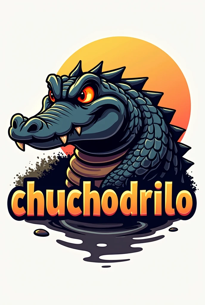 Create a 2D logo of a black crocodile with a text that says exactly CHUCHODRILO and in an animated style 
