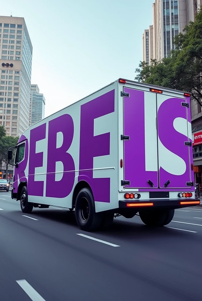 Truck from a company called REBELS.
The name REBELS must be purple and the truck can be white
