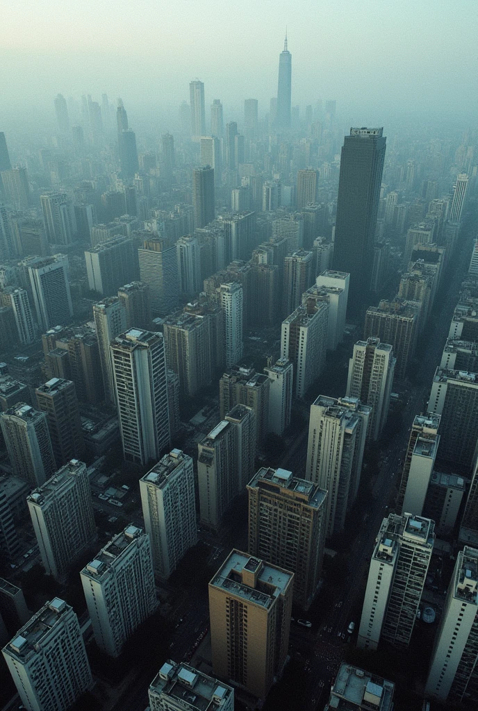 "Capture a large-scale, aerial view of a dense urban landscape, where the buildings appear to merge into a singular, oppressive monolith. This image should combine the grand, detailed scale of Andreas Gursky’s work with the humanistic touch and environmental consciousness of Sebastião Salgado."4K, details, winner awards