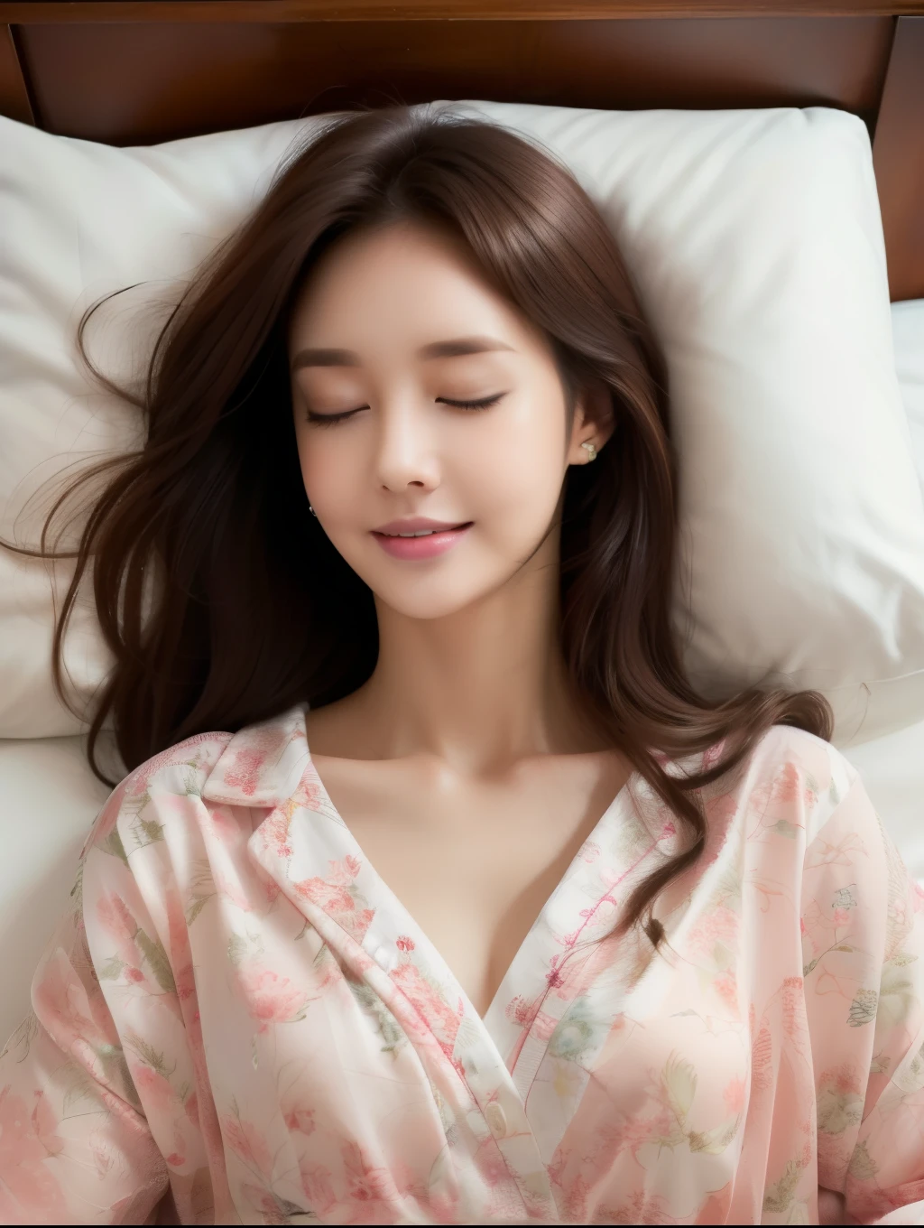 (best quality,highres,ultra-detailed,),(( view from above)),((close up)),1beautiful Japanese lady,closed eyes, lying and sleeping on white bed , no make,((totally messy hair)), natural lighting, wearing a pajama with flower pattern,