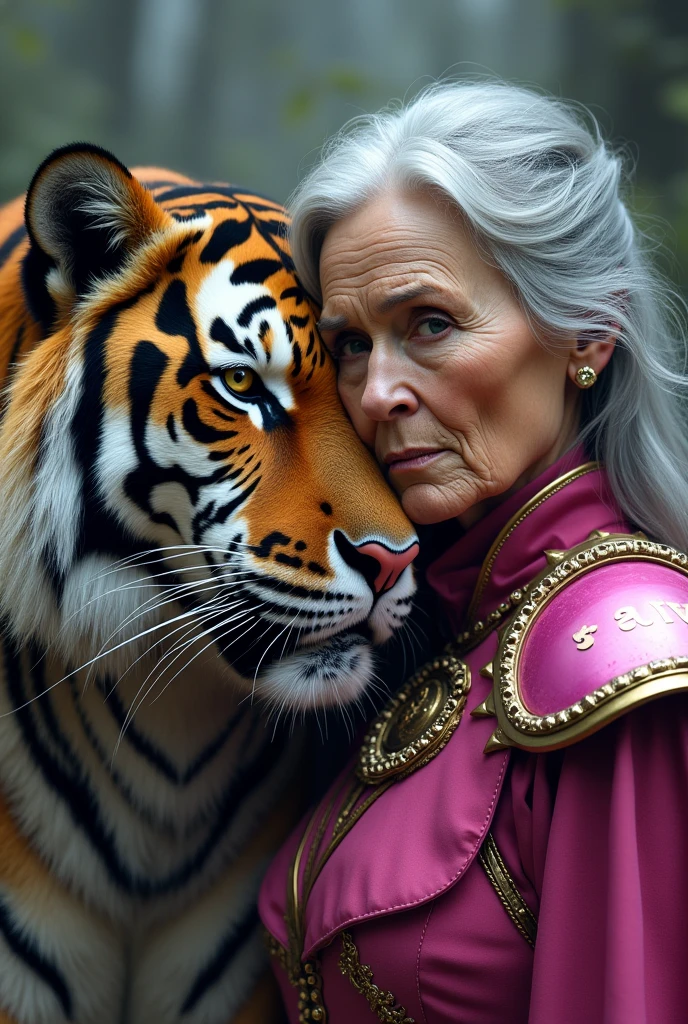 An old lady in her 70s in pink armor with very long gray hair with a beautiful tiger next to her with RAW written on its collar 

