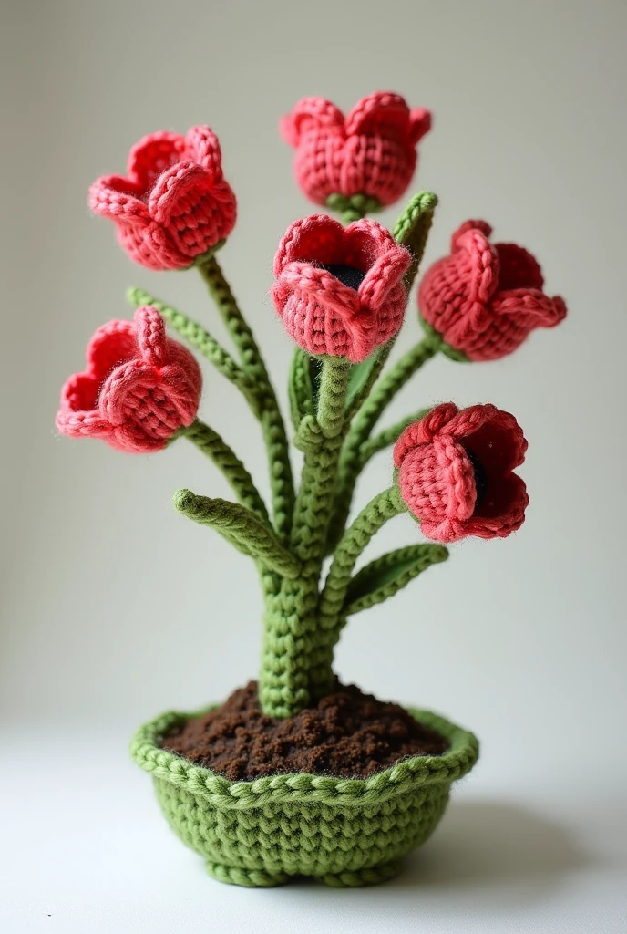 Please generate a real-shot photo, a panoramic photo of a tulip bonsai, the rose-red flowers and green branches are works of art made of crocheted fabrics.