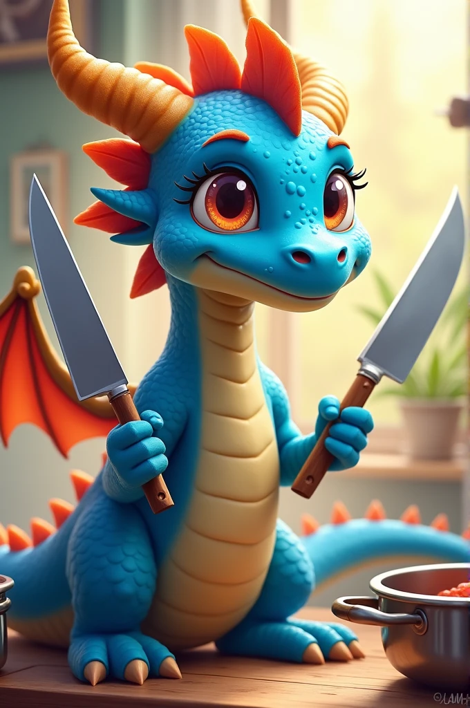 Friendly Blue Dragon with Chef Knives and Spatulas