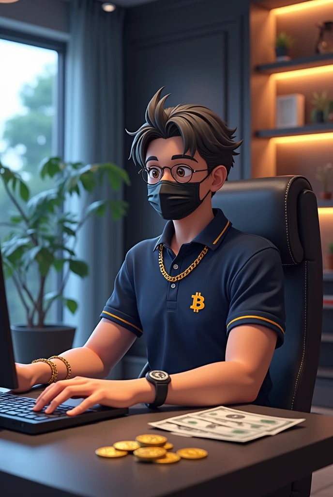 The room is a modern masterpiece, bathed in soft, ambient lighting that creates a serene and sophisticated atmosphere. The sleek design and gentle glow emphasize a high-end, professional environment.
A anime boy sitting on a chair in front of view With unique hair style and face mask ,wearing a polo shirt which is branding with the name of "AHAD" with bitcoin golden chain in neck, And sitting on a Comfortable luxurious chair ,Computer behind with the view of trading chart and many dollera and gold coins on the table in front of the boy .