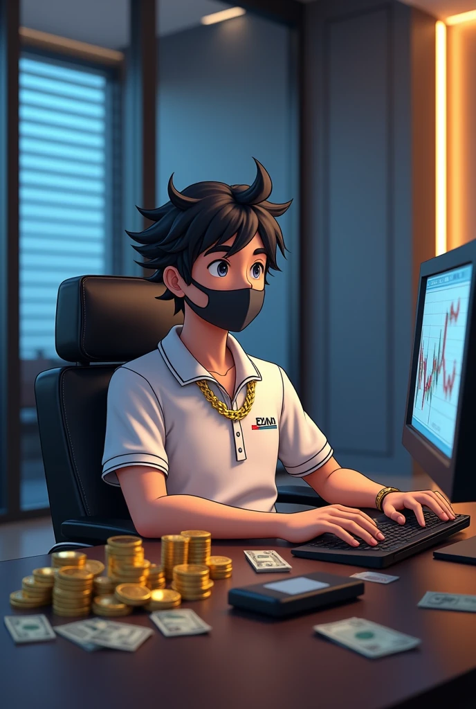 The room is a modern masterpiece, bathed in soft, ambient lighting that creates a serene and sophisticated atmosphere. The sleek design and gentle glow emphasize a high-end, professional environment.
A anime boy sitting on a chair in front of view With unique hair style and face mask ,wearing a polo shirt which is branding with the name of "AHAD" with bitcoin golden chain in neck, And sitting on a Comfortable luxurious chair ,Computer behind with the view of trading chart and many dollera and gold coins on the table in front of the boy .