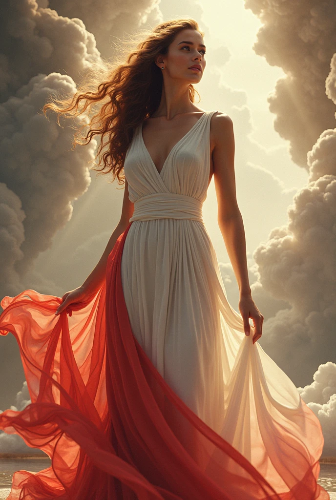 Illustrate Actress Ana Paula Arosio as a Greek goddess in white and red robes. 8k realistic