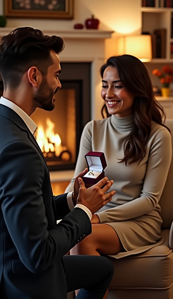 Animate 8k quality potrait pictures of boyfriend give the ring a girl to marry her at home 