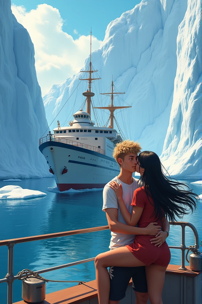 I would like to have created the ship “Maria s Merian”! It is supposed to travel between icebergs. A young man with short blond hair is said to hold a woman with long black hair in his arms. Both people look happy 