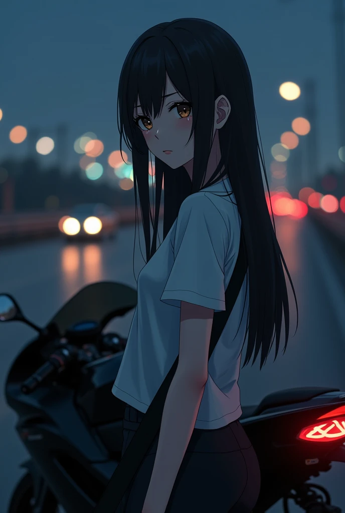 (anime:1.2), beautiful woman, crying, standing next to a black sport bike, holding a black electric guitar, wearing t-shirt, black pants, long straight black hair, high way, city lights background, light skin, light brown eyes, pointed nose, side post, far angle.