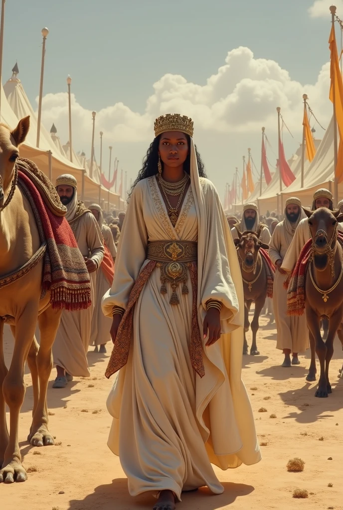 Create a realistic and detailed image of Queen Makeda, the Queen of Sheba, traveling with her grand caravan. The scene should depict a large caravan of camels and donkeys carrying goods, supplies, and gifts. The Queen is surrounded by royal guards, servants, and attendants. Musicians and entertainers are also part of the entourage, providing music and performances. Luxurious tents are set up at a rest stop, with rich fabrics and comfortable furnishings. The landscape should reflect the arid regions of ancient Ethiopian and Israel , with a backdrop of desert and distant towns, her outfit should white brownish cotton dress.