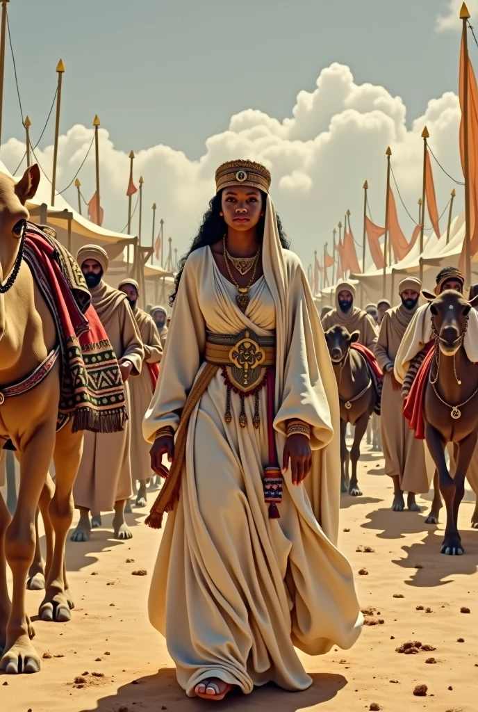 Create a realistic and detailed image of Queen Makeda, the Queen of Sheba, traveling with her grand caravan. The scene should depict a large caravan of camels and donkeys carrying goods, supplies, and gifts. The Queen is surrounded by royal guards, servants, and attendants. Musicians and entertainers are also part of the entourage, providing music and performances. Luxurious tents are set up at a rest stop, with rich fabrics and comfortable furnishings. The landscape should reflect the arid regions of ancient Ethiopian and Israel , with a backdrop of desert and distant towns, her outfit should white brownish cotton dress.
