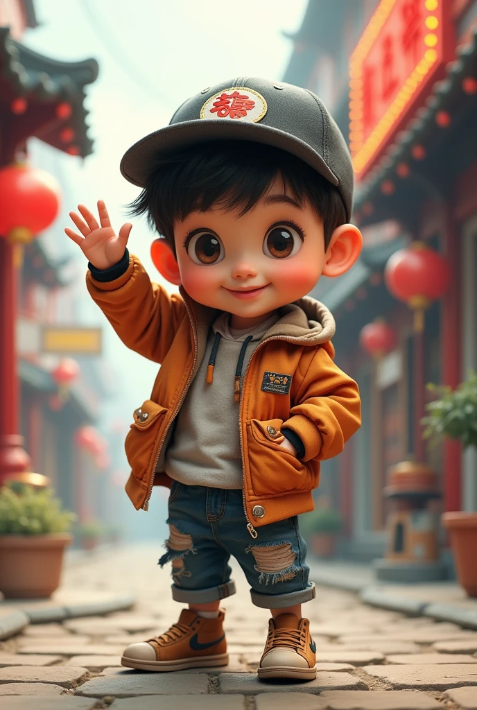 Chinese  cute cool boy with cap and cool dress making hand

