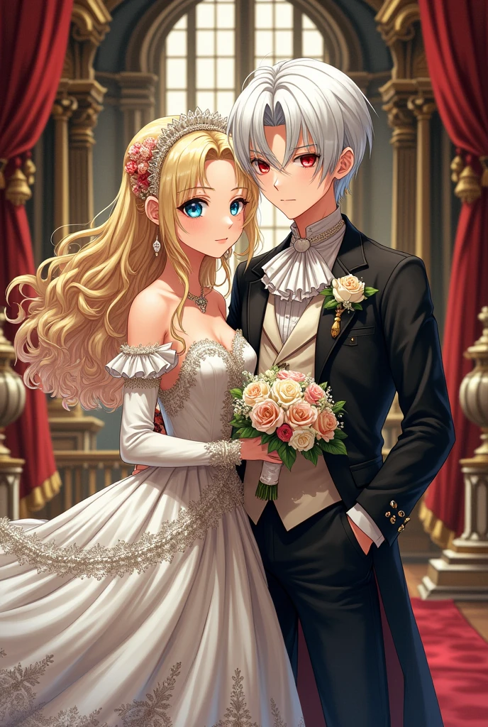 An upper class woman, blonde hair and curly ends, blue colored eyes, wearing a wedding dress next to a man with white hair and red eyes, they are getting married like a renaissance painting anime version 