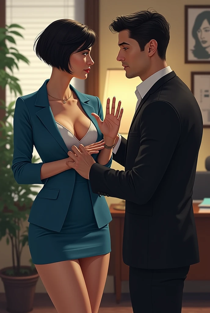 ((thick body mature woman age 40 American milf super model))2 women wearing open suit jacket and skirt, in office, greeting viewer, bra panties, lift skirt, nipples peeking out (((1woman standing, 1man sitting, breasts on face, side view)))