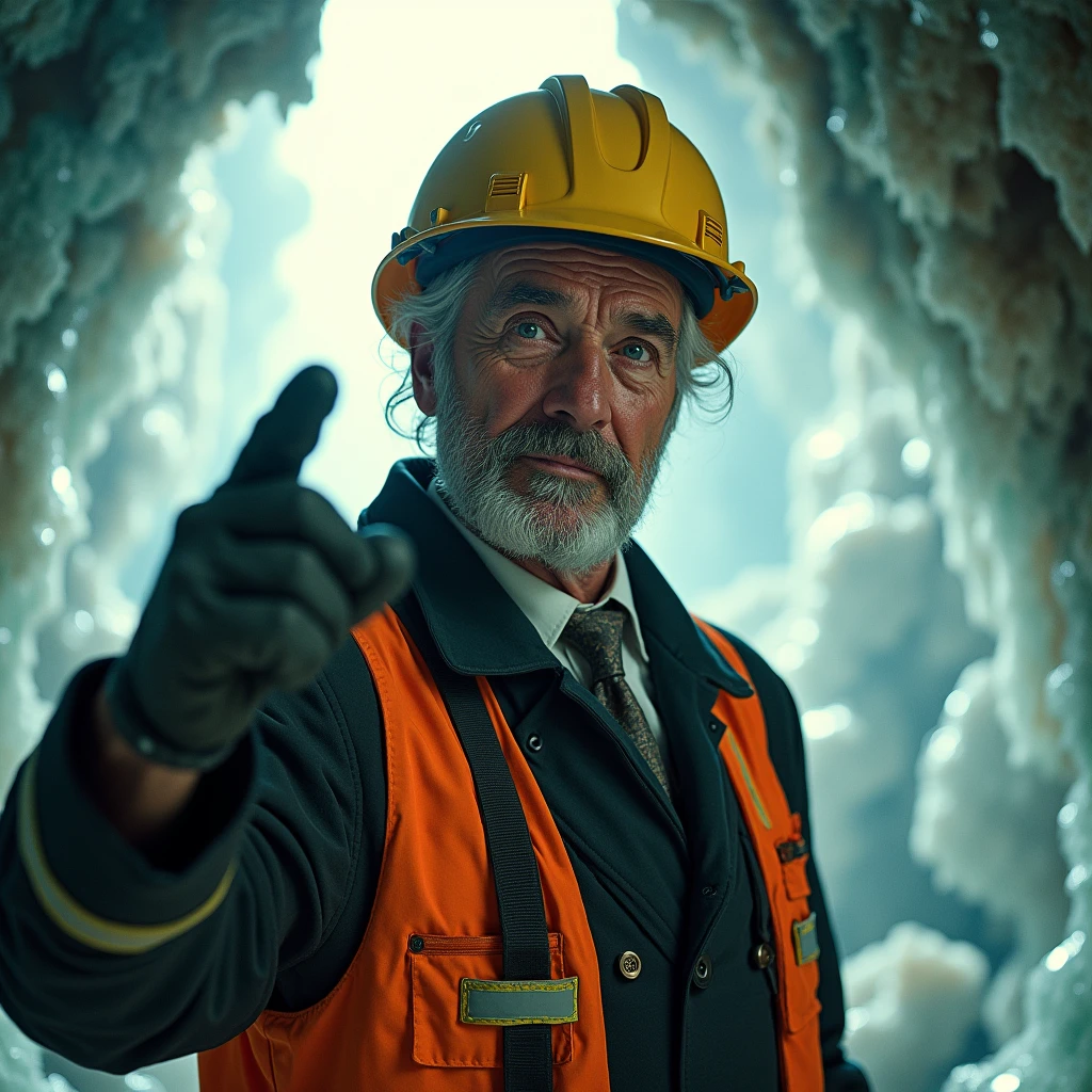 A sturdy old man with a French haircut, dressed in a tomboy suit, an orange construction vest and a helmet, It is located in a crystal cave with soft natural light, one arm raised and looking at the camera.