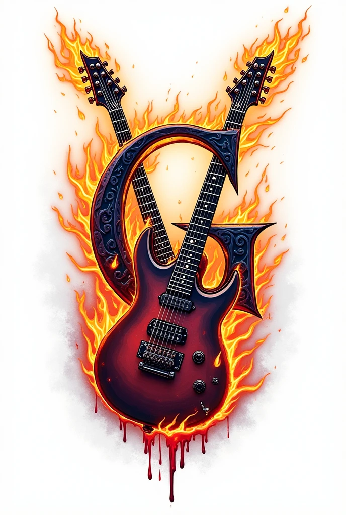 guns and roses style tattoo, multicolored, with the letter "G" highlighted. Heave Metal theme, with flaming guitars. completely white image background