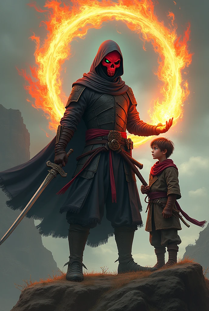 A shadowy ninja warrior, with light ninja armor and dark, with a red skull mask covering it. He is an intimidating figure, reckless and powerful. She is seen with a ninja sword in her left hand while raising her other open hand to the side drawing a ring of fire.. In front on a rock, There is another figure of a 2 young man looking curiously somewhere, With light green eyes and an adventurous image, both are the same height.. medieval times