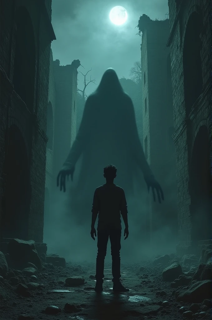 "In a dark and eerie atmosphere, a person stands alone in an unknown place. From behind, a ghostly or terrifying creature with glowing eyes appears to be watching them. Shadows seem to wrap around them, and the details of the creature are highlighted in a faint light, adding a strong sense of fear and anticipation.
