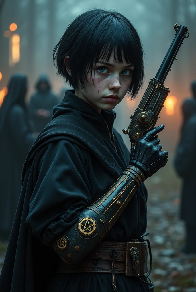 Pale girl with short black hair, from the realistic middle ages, blue eyes dark clothes with detailed steampunk prosthetic left arm, holding in his right hand a flintlock pistol with a pentagram, cut on the face, the night, with a religious group with fire behind, detaileds.