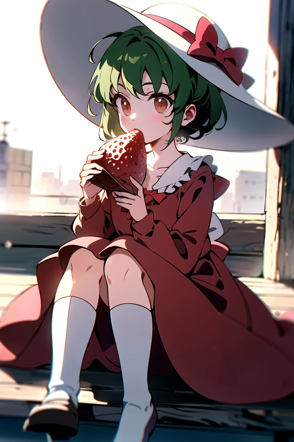 cute girl with big brown eyes and a strawberry hat and green short hair and in a red frilly dress and white short socks eating strawberry tanghulu.,