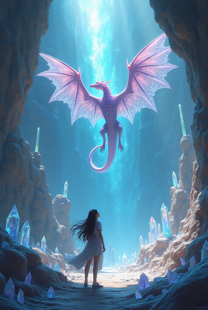 Adamancipator researcher , woman, Crystal Stones,cave, Crystal stine dragon with Giant wings ,flying