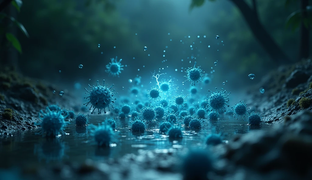 Bacteria in a puddle , mysterious scene, electrifying ends