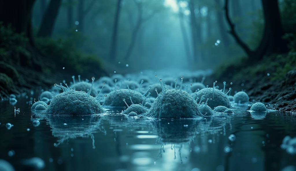 Bacteria in a puddle , mysterious scene, electrifying ends