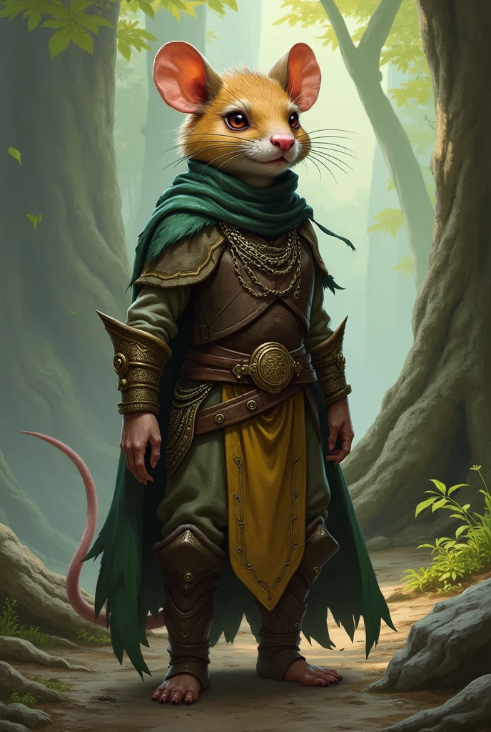 Une Ratfolk femelle dans le style de Pathfinder de la classe des prêtres avec pour d'iviniter Desna avec une côte de maille légère et du cuir et sans cape