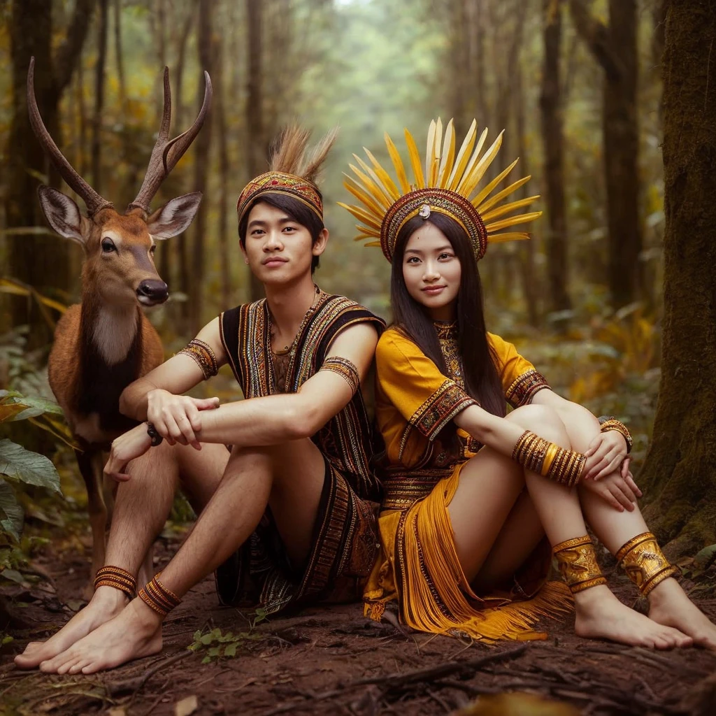 pasangan muda suku Dayak West Kalimantan usia 20 yang memakai pakaian adat suku Dayak asli dan dari bahan tenunan asli khas suku Dayak, golden yellow, knee length short skirt, West Kalimantan, sitting side by side, in the middle of the forest, very detailed followed by 2 deer next to the woman, thin smile 8k