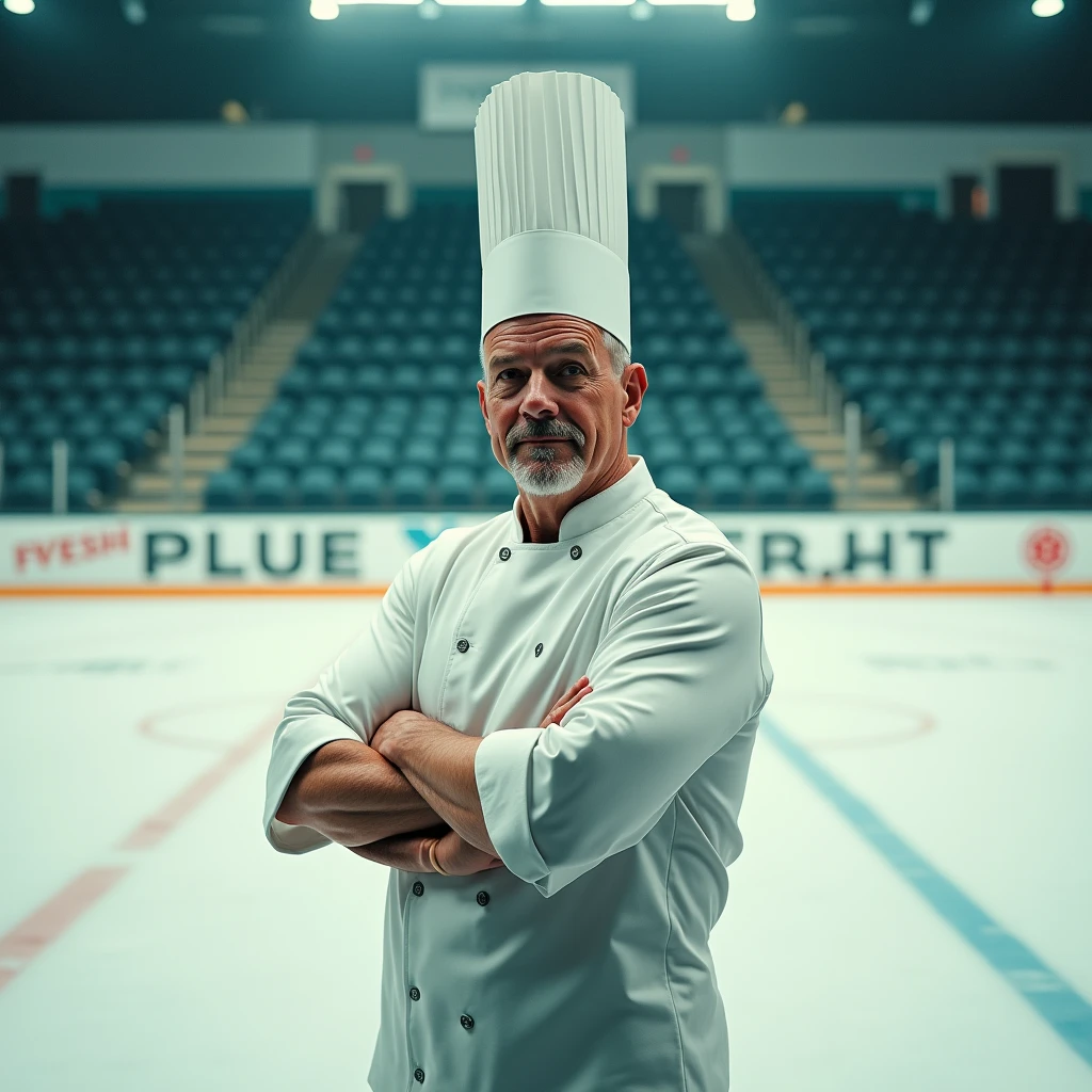 A middle-aged man with a cropped cut haircut, wearing a white chef uniform and tall hat, stands in a hockey rink with empty stands. He has a rockabilly style and relaxed posture, with a slightly tilted head, facing the camera. The image has a square color palette, with teal and orange hues, and is shot in 4K unity with natural lighting.