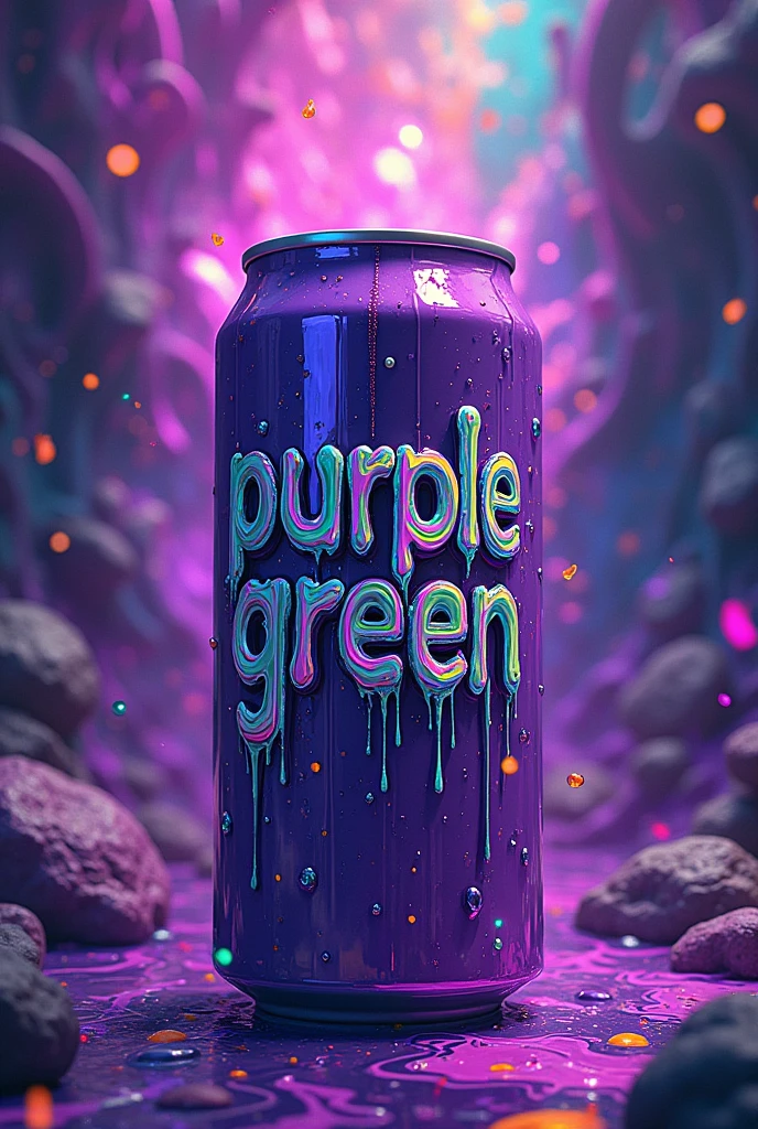 Psychedelic artwork dripping from a purple energy drink can that says Purple Green, Purple written in green and Green written in purple