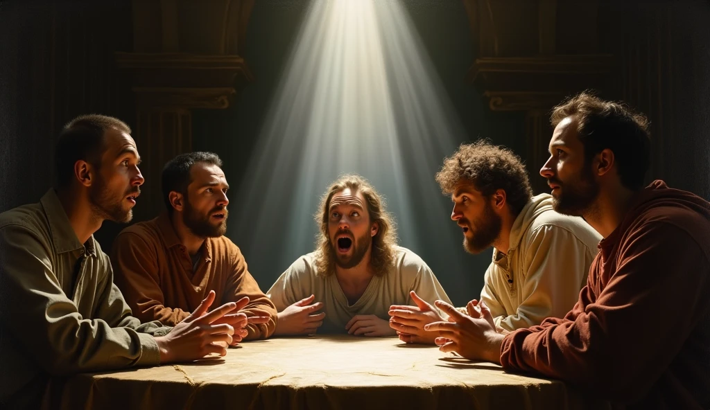 .Caravaggio&#39;s painting &#39;The Calling of Saint Matthew&#39;, with the penetrating beam of light that illuminates the characters&#39; faces. The scene should highlight the contrast between the celestial light and the deep shadows, emphasizing the technique of tenebrism." "Renaissance era 