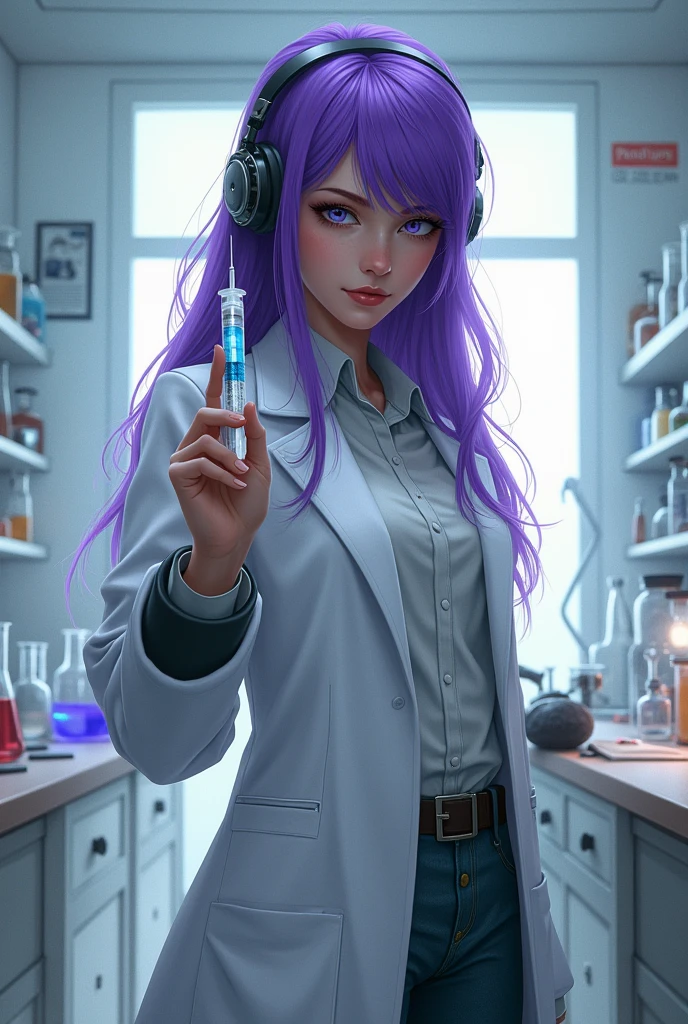 Purple hair butterfly woman with syringe in hand and scientist outfit and headset in laboratory