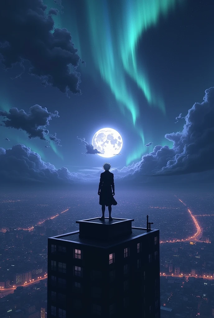 Kaneki on top of a building with Rise in the Night and Auroras in the sky