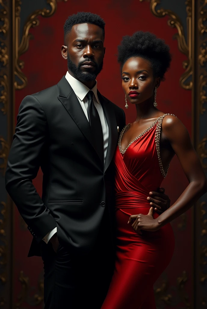a black man an elegant black woman with dark black and red background
