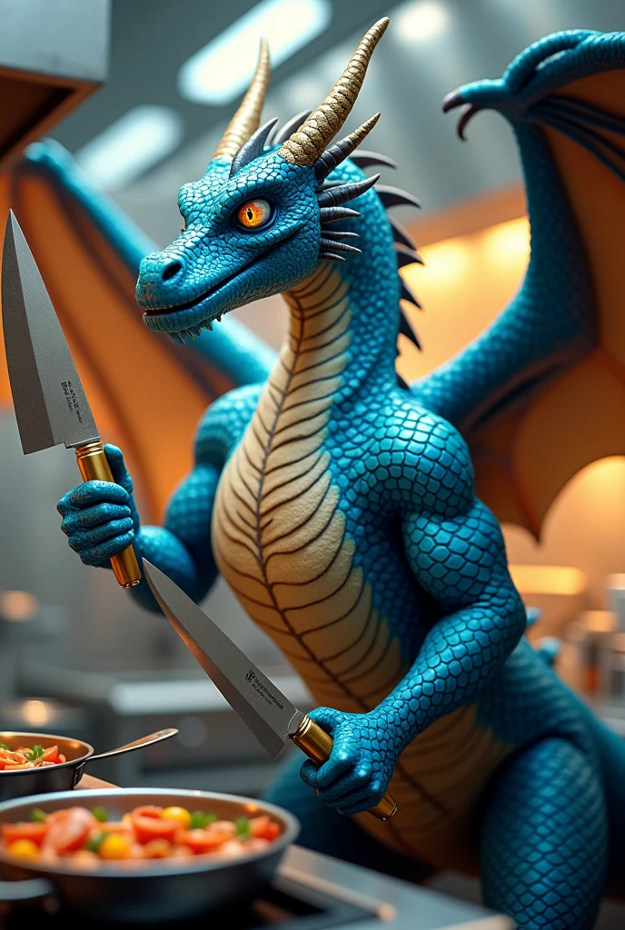 Blue dragon with chef knives and spatulas 