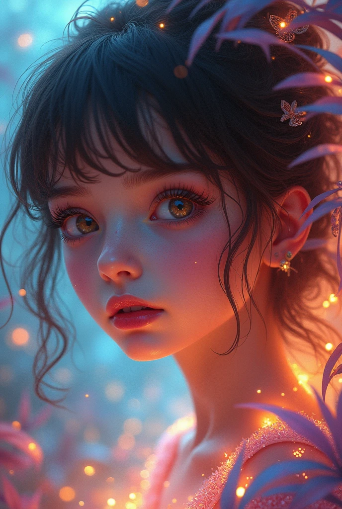a young girl drawing, colorful vibrant fantasy world, beautiful detailed eyes, beautiful detailed lips, extremely detailed eyes and face, long eyelashes, whimsical, surreal, dreamlike, highly detailed, intricate, vibrant colors, glowing, radiant, glowing colors, luminous, soft lighting, magical realism, cinematic, concept art style