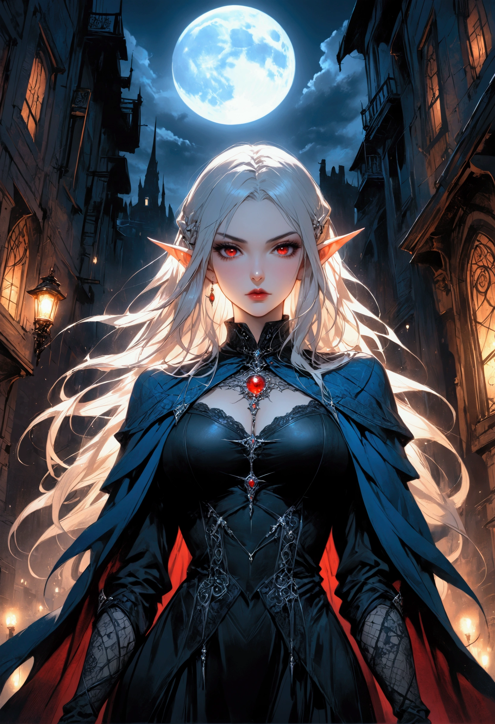 anime comic illustration fantasy art, gothic art, portrait of a female vampire elf, casting dark spell, with a long curvy hair, light color hair, red eyes, busty, Ultra Detailed Face, small pointed ears, blue cloak,  flowing cloak, wearing an intricate black leather dress,  high heeled boots, fantasy urban background, fantasy, at night light, natural ,moon light, clouds, gothic atmosphere, soft light, dynamic light,  high details, best quality, 32k, [ultra detailed], masterpiece, best quality, (extremely detailed), dynamic angle, oil pastel