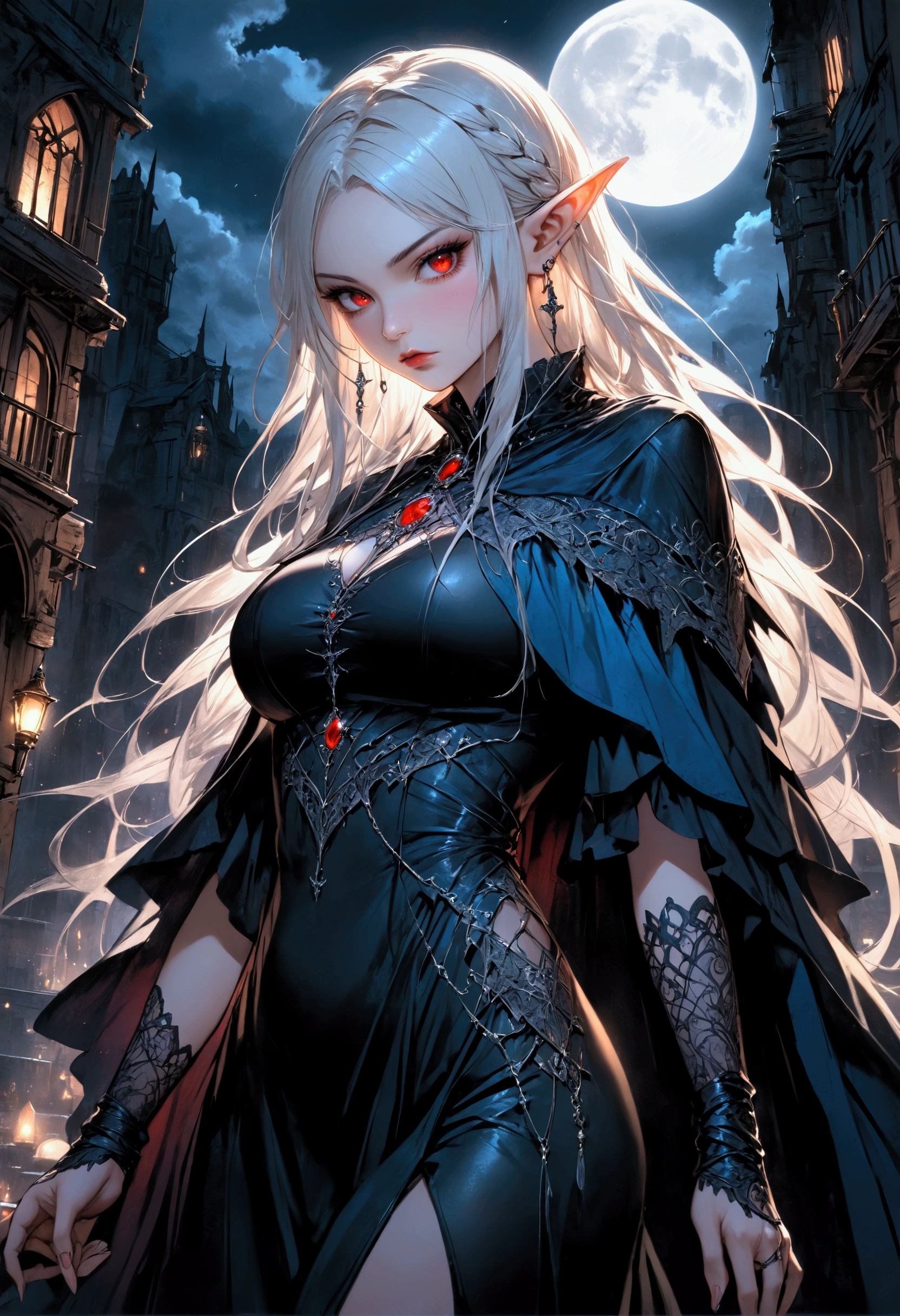anime comic illustration fantasy art, gothic art, portrait of a female vampire elf, casting dark spell, with a long curvy hair, light color hair, red eyes, busty, Ultra Detailed Face, small pointed ears, blue cloak,  flowing cloak, wearing an intricate black leather dress,  high heeled boots, fantasy urban background, fantasy, at night light, natural ,moon light, clouds, gothic atmosphere, soft light, dynamic light,  high details, best quality, 32k, [ultra detailed], masterpiece, best quality, (extremely detailed), dynamic angle, oil pastel