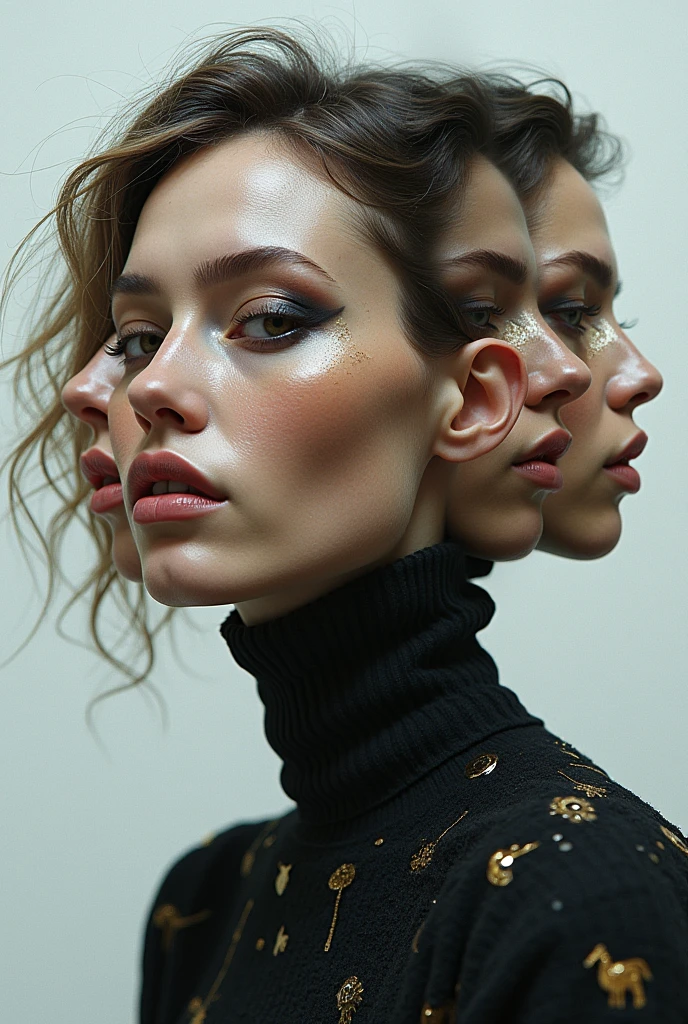 "Design a surreal, multi-layered portrait featuring a model who is fragmented into various personas, each one styled differently to represent Cindy Sherman’s conceptual self-portraits and Nick Knight’s avant-garde fashion photography. The background should be abstract, with futuristic, metallic textures."4K, details, winner awards