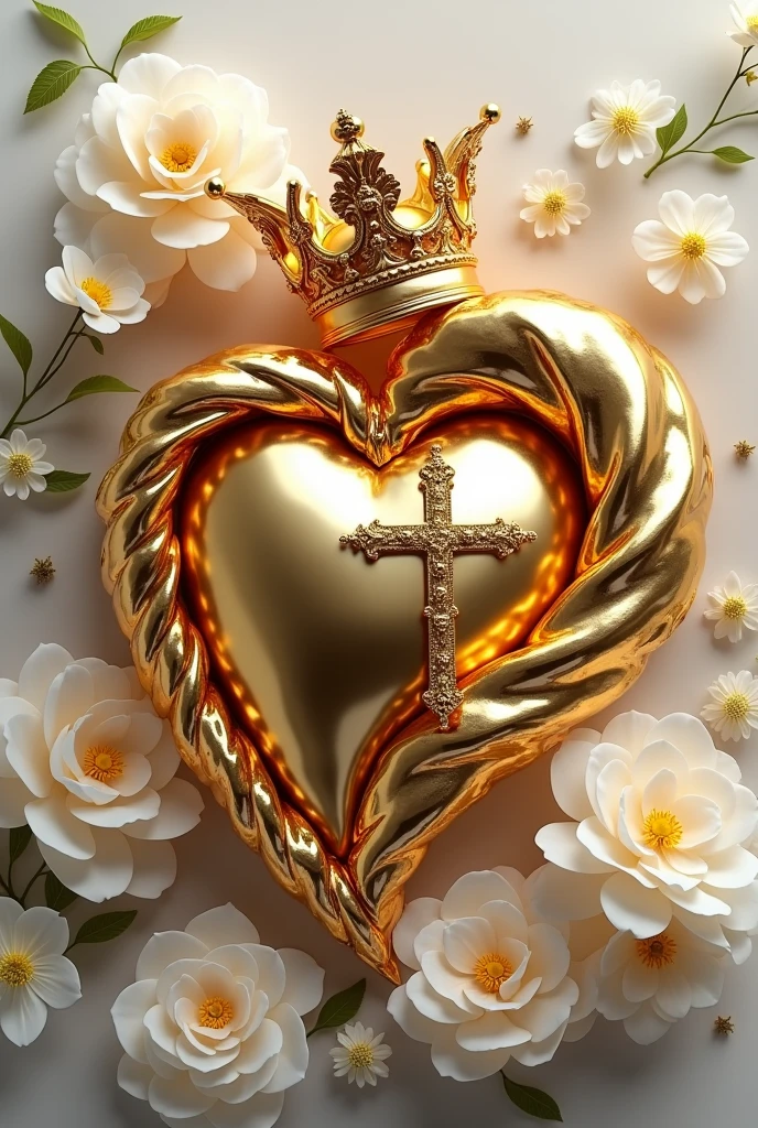 A twisted melted gold 3D heart logo with a big glamorous crown in the corner of the heart.., with white peony flowers and gypsophila , a thin cross protruding from the INFO side